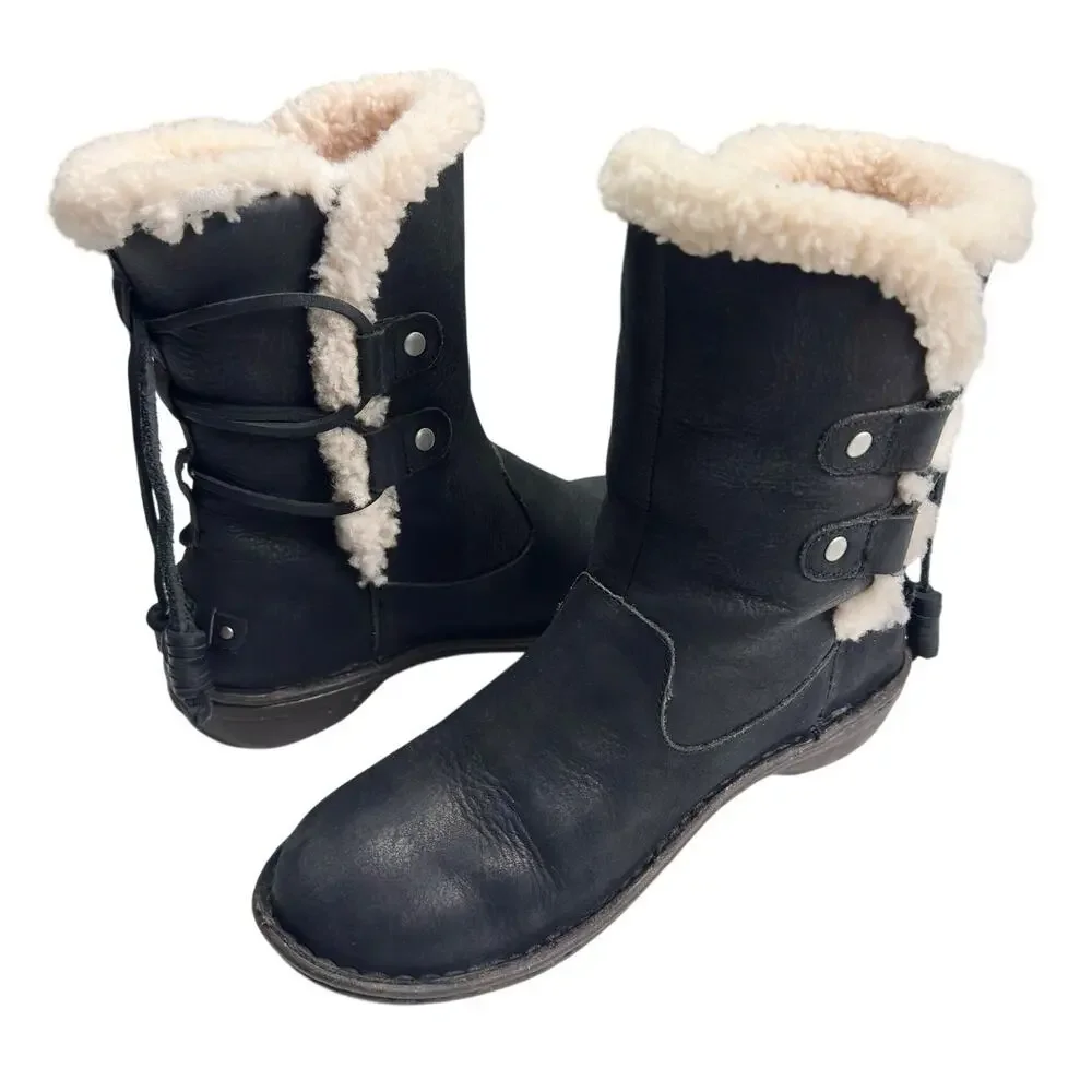 Ugg | Women | Akadia Black Leather Sheepskin Fur Pull On Fall Boots | Size US 7